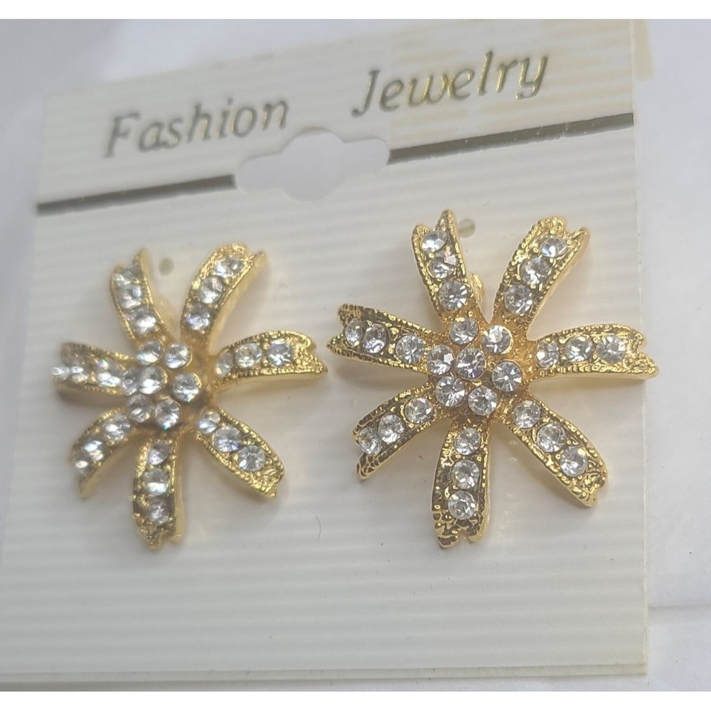 Goldtone Rhinestone Flower Earrings Pierced Post Stud